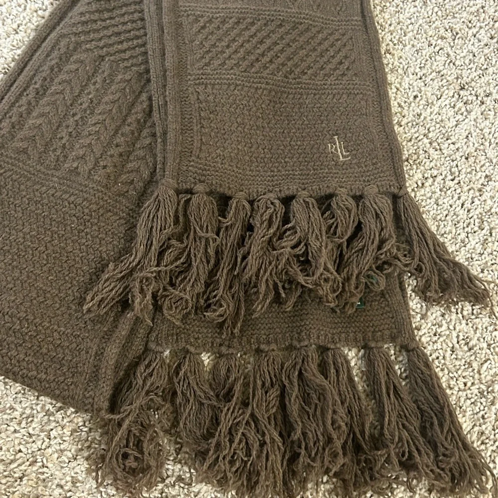 Lauren Ralph Lauren Lambs Wool Rabbit Hair Fringe Boho Scarf Knit Tassel Brown